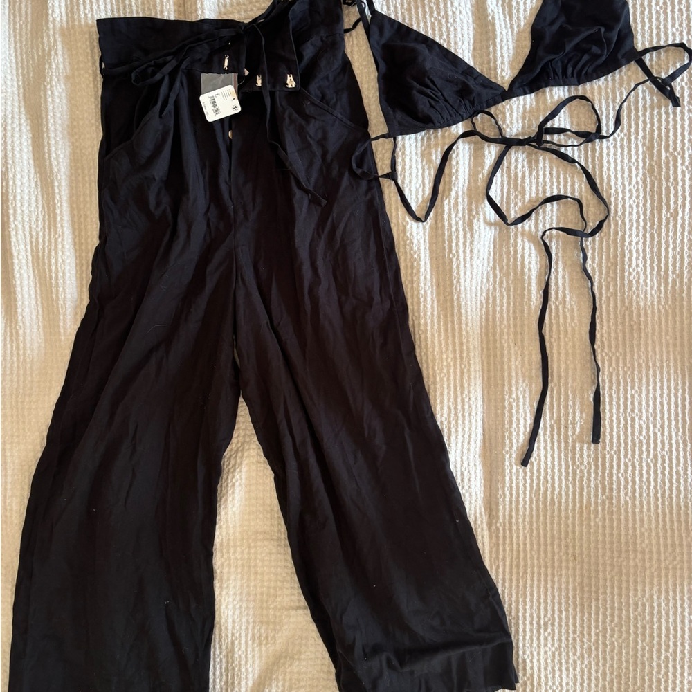 Free People Matching Set High Waist Linen Pants with Tie Straps Triangle Top